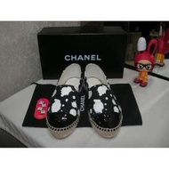 典精品 Chanel 全新　espadrilles 黑白 潑 墨 鉛筆鞋 平底鞋 37 附鞋盒