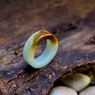 Green Jade Ring With Orange Narrow Front Tube Shape Size: 58mm.