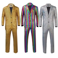 Men’s 2 Pieces Disco Costume Jacket Pants Outfit Set Adult 70s Shiny Metallic Sequin Halloween Cospl