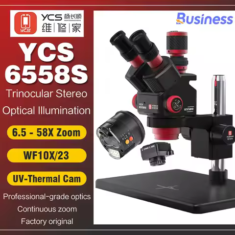 YCS 6558S HD Trinocular Microscope with Base 6.5X58 Zoom 4K Camera kit for Mobile Phones PCB Welding