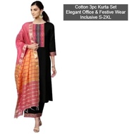 Cotton 3pc Kurta Set for Women Embellished Round Neck Kurti Pants & Dupatta Straight Cut (XS to 2XL)