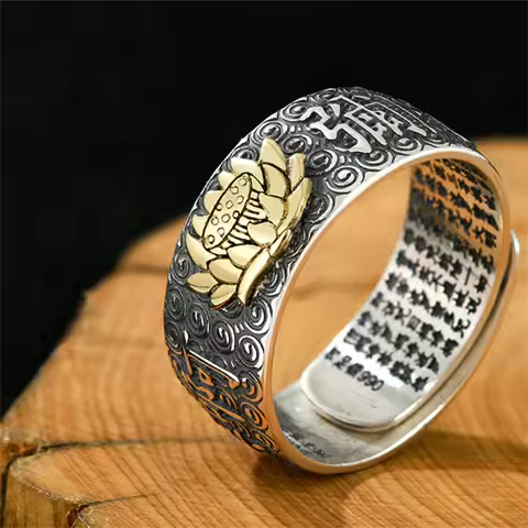 Namo Amitabha Lotus Ring For Men Jewelry Retro Dragon Buddha Buddhist Heart Sutra Ring Male Index Fi