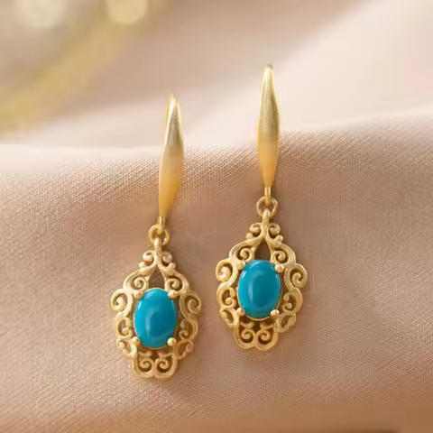 Classic Pastoral style cut-out pattern exquisite oval turquoise earings for women engagement jewelry