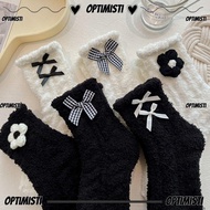 OPTIMISTIVF Fuzzy Socks, White Black Fleece Women's Socks, Flower Bowknot Warm Fluffy Socks