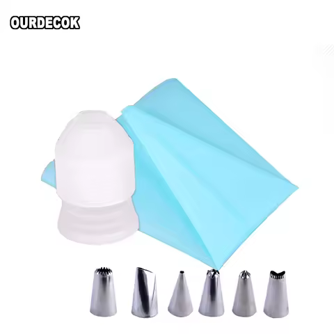 Hot Silicone Icing Piping Cream Pastry Bag + 6 X Stainless Steel Nozzle Set DIY Cake Decorating Tips