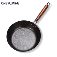 Onetwone 28cm Non-coated Cast Iron Wok Handmade Pan with wooden handle Smokeless Fried Pan Cook Pots Kitchen gas induction Cookware Chef Pan