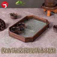 懷舊多用途托盤 復古木質玻璃托盤 中式海棠花玻璃盤 茶具/首飾/餐用收納盤 古董式首飾盤