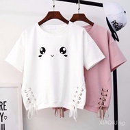Lace-up Heavy Industry Short SleeveTWomen's T-shirt2024Summer Korean New Loose Student White Top Women's Fashion