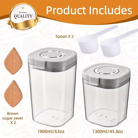 Brown Sugar Keeper Container Set, Airtight Lid 63 Oz & 45 Oz Clear Glass Jars with Moisture Control