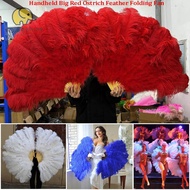 LONNGUVO Folding Fan, Big Red Ostrich 12 Bones Handheld Fur Fan,  30*52cm 35*60cm Runway  Props Perf