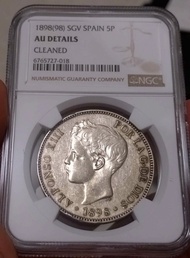 1898年 西班牙 5比索 銀幣 NGC AU Details 原光