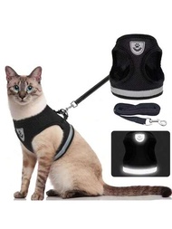 1件透氣貓用胸衣和牽繩,防逃逸寵物衣服,適用於小貓、小狗背心,可調節易於控制,反光貓用安全胸衣