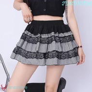 ANEMONE Lace Grid Cake Skirt, Lolita Plaid Stripe JK A-line Short Skirt, Sweet High Waist Ruffle wit