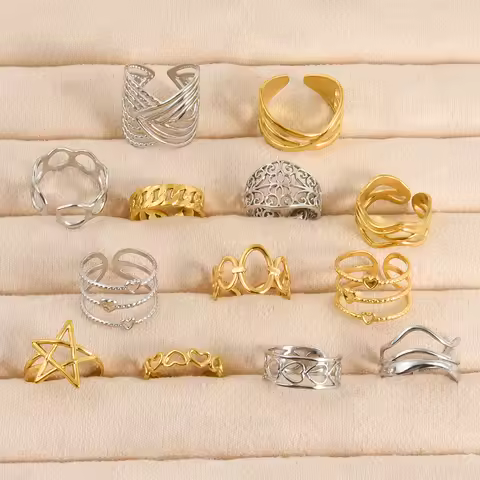 6pcs Vintage Geometric Hollow Chunky Opening Adjustable Ring Heart/Star Stainless Steel Rings Couple