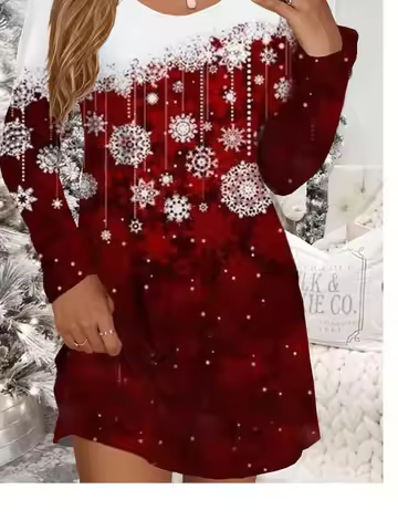 Women Christmas Party Dress New 3D Red Christmas Snowman Printed Dress Long Sleeve O-Neck Casual Loo