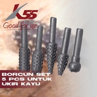 K55 Borcun Pahat Kikir Alat Ukir Kayu Furnitur Set 5pcs Wood Rotary Rasp Burr Carving Furniture File