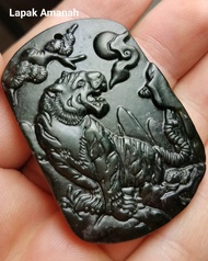 Liontin Batu Akik Asli Black Jade Curving Macan
