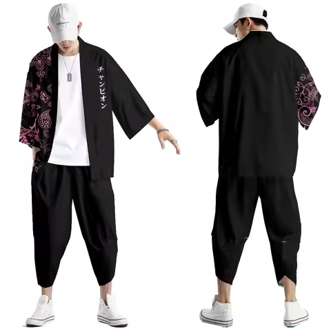 Two-piece Suit Anime Flower Japanese Style Fashion Kimono And Pants Set Men Women Cardigan Blouse Ha
