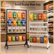 Foldable Mobile Grid Display Rack Pegboard Rack With Wheels Metal Mesh Stand For Snacks Tools Bags C
