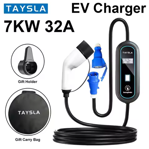 TAYSLA Phantom 7KW 32A Portable EV Charger 32A Adjustable 7 Levels Type1/Type2 5M Cable 80-260V EVSE