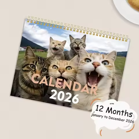 2026 Cat and Friends Calendar - 12-Month Cat Selfie Series, English Edition, Paper Material, Daily V