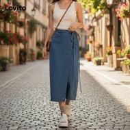 Lovito Denim Skirt Wanita Potongan Split Depan Tali Ikat Skirt Jeans LNE73791