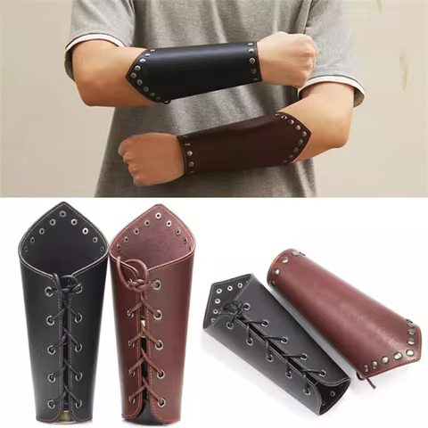 2pcs Medieval Steampunk Vintage Viking Knight Warrior Larp Cosplay PU Leather Bracer Scale Arm Armou