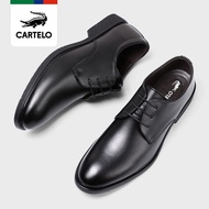 Cartelo Crocodile Men's Leather Lace-up Korean Style Casual Black Leather Shoes Youth Business Suit 