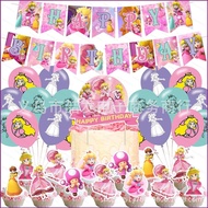 Princess Peach Mario Theme kids birthday party decorations banner cake topper balloon set supplies