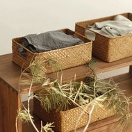【BBI】-Hand-Woven Rectangular Rattan Wicker Storage Basket Fruit Tea Snack Bread Picnic Basket Cosmet