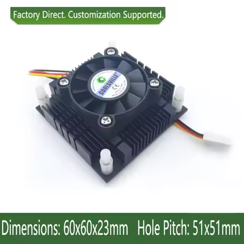 60x60x23mm Aluminum Heatsink with 12V Quiet Dual Ball Bearing Fan, 51x51mm Mounting Holes, Silent Ac