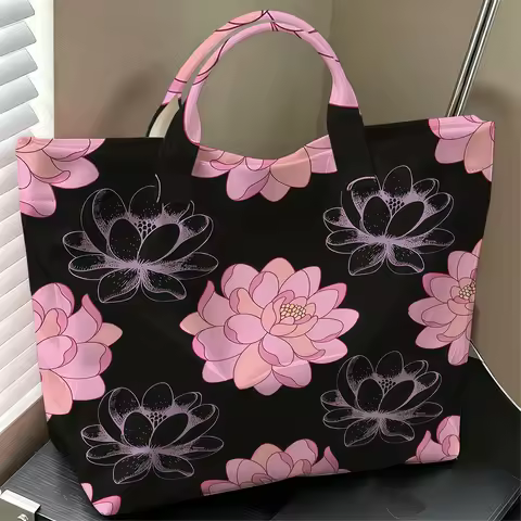 Black & Pink Lotus Stylish Large Glossy PVC Tote Bag Washable Waterproof Durable Ideal for Travel Co