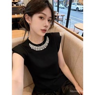 Plus size short sleeve Beaded blouse with elaborate flutter sleeves T Shirt Top t Women's Summer T-s
