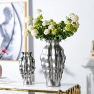 Model Room Creative Wave Texture Gold-Painted Ceramic Floor Vase White Silver Matte Living Room Entrance Vase