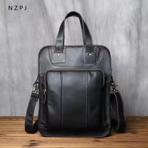 Men's Leather Handbag Casual Messenger Bag Top Layer Leather Vertical Briefcase Shoulder Bag Suitabl