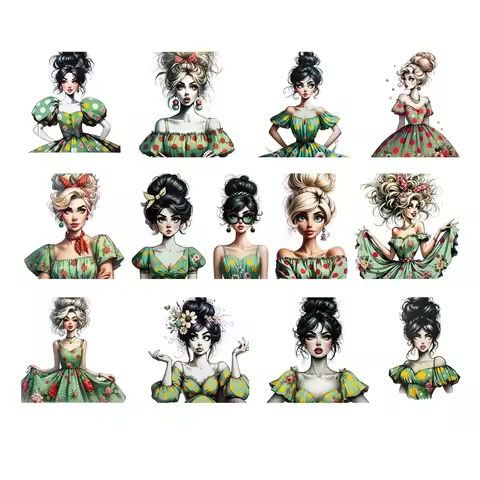 25CM/15cm Green Fashion Girl Heat Transfer Stickaers DTF Iron On Transfer Patches For Children's adu