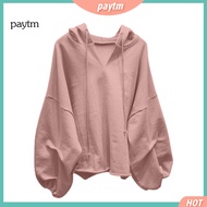 PTM Solid Color Drawstring Pullover Hoodie Autumn Batwing Sleeve V-Neck Women Sweatshirt Streetwear