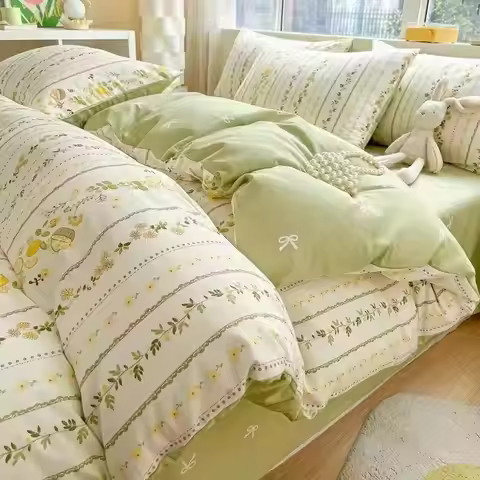 Green Floral Bedding Set Ins Fashion Twin Full Queen Size Duvet Cover No Filler Flat Sheet Pillowcas