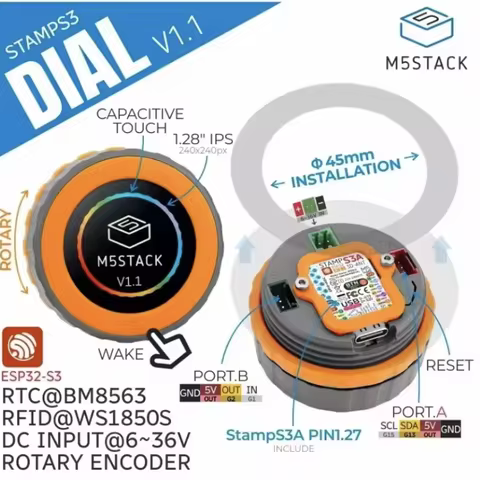 M5Stack Officail Dial v1.1-ESP32-S3 Smart Rotary Knob w 1.28" Round Touch Screen