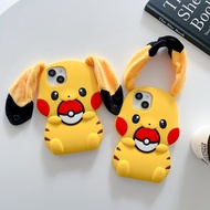 Liquid Silicone Case for Iphone 11 12 13 14 15 Pro Max Casing Elegant Back Cover Cartoon Plush Ears Pikachu Soft Shockproof Cell Phone Case