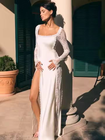 JULISSA MO Patchwork Lace High Slit Maxi Dress Women White Long Sleeve Low Chest Dress Autumn Skinny