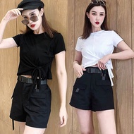 3 colors*new Korean design lace-up solid color navel-baring short-sleeved T-shirt for women crop top【09】