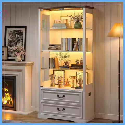 67" LED Sensor Curio Cabinet with Glass Doors, Adjustable Shelves & 2 Drawers - White Display Case f