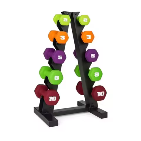 56 LB Set of Neoprene Dumbbells with Rack Color Series 2 3 5 8 10 LB pairs