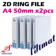 2x East-File 2D PVC Ring File 50mm Filing Thickness A4 Size White 2D Ring File