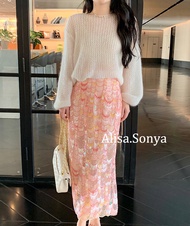 Alisa.Sonya Pink  scale sequin half length skirt high waisted split wrap buttocks  sequin long skirt
