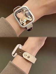 杏色和灰色Apple Watch錶帶和Apple Watch套裝2件組合，創意和時尚的色塊設計，由Pu皮革和柔軟的Tpu打造，配有中空設計，杏色防震保護套，適用於Apple Watch Se S9 8 7 6 5 4 3 2 1系列，38mm 40mm 41mm 42mm 44mm 45mm，女士手錶帶，兼容Apple Watch智能手錶手鏈