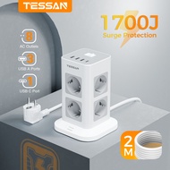 TESSAN 8-Way หลายปลั๊กไฟยาว2เมตรสายพ่วง1700J ป้องกันไฟกระชากปลักไฟกระชาก Eu ปลั๊กป้องกันชนิด C