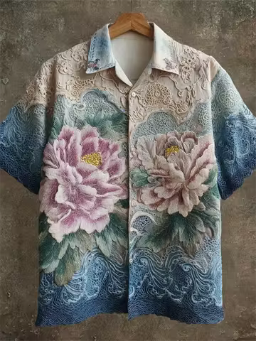 New men's gilded samurai dry rice cat bamboo leaf and wind short sleeved shirt retro glossy shirt to