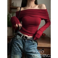Christmas Red Long Sleeve Off Shoulder Blouse Long Sleeve Long Sleeve Top - Tharo Clothing [AO00166]